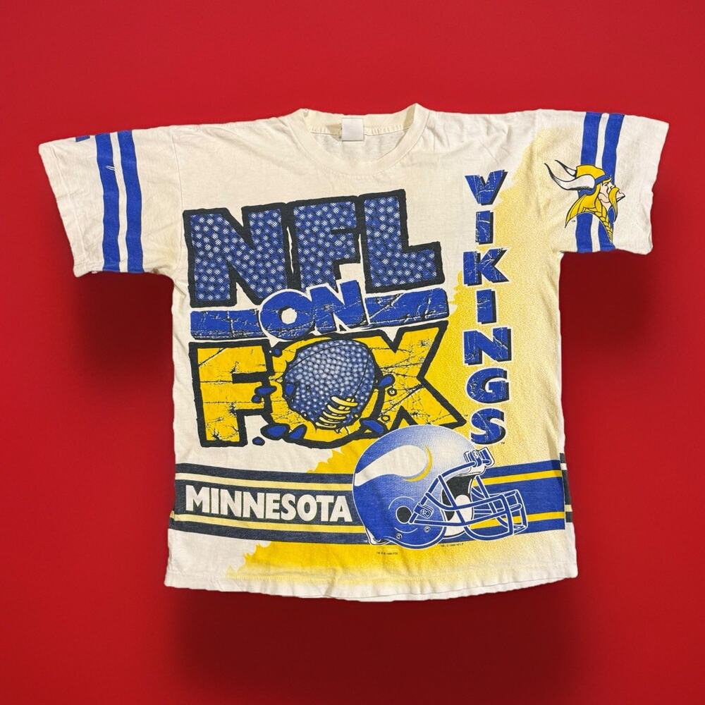 Vintage 1996 Minnesota Vikings NFL On Fox All Over Print T Shirt
